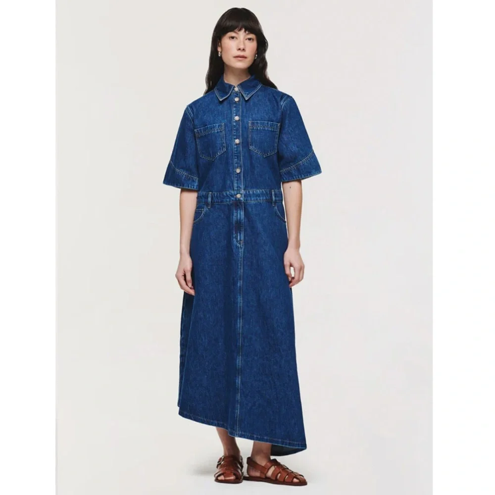 ALIGNE Mateo Short Sleeve Asymmetric Denim Midi Shirt Dress 12 Anthropologie - Picture 1 of 15